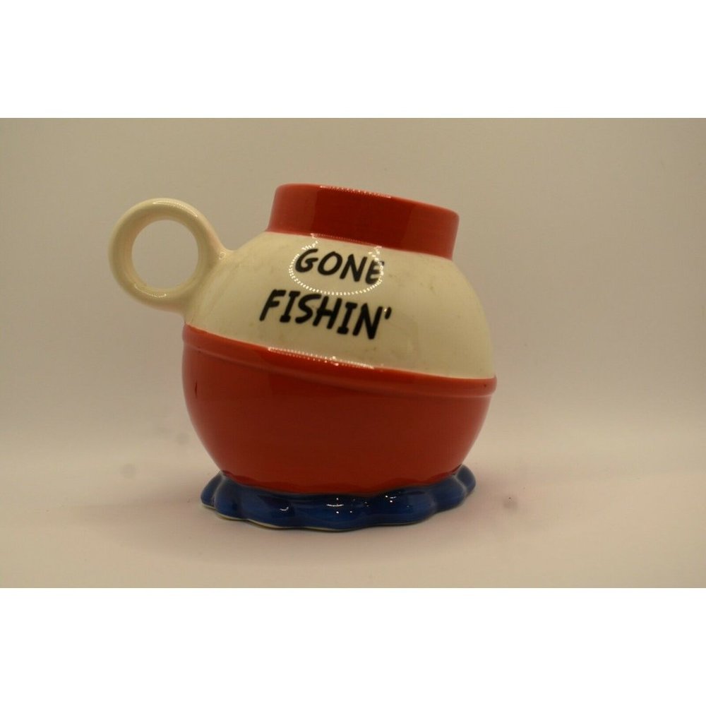 NIB Big Mouth Inc Gone Fishin' Coffee Mug Red/White Ceramic Fishing Bobber Cup